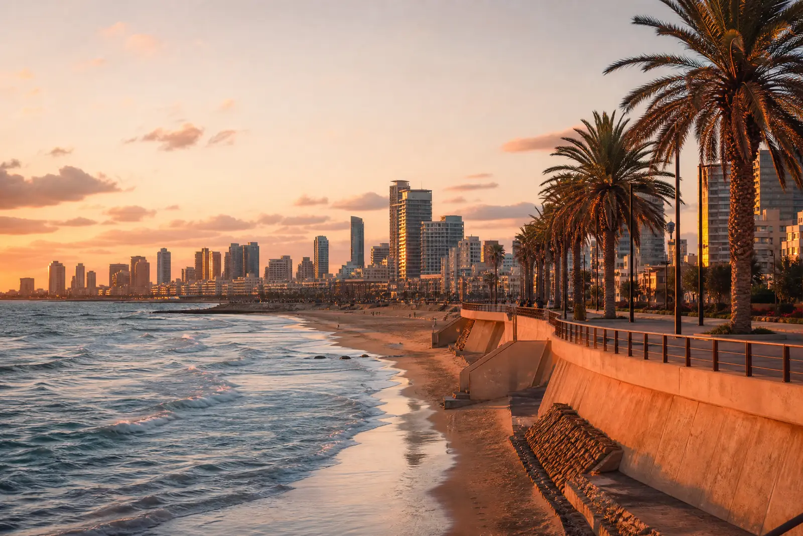 Tel Aviv seafront skyline at sunset — living connected in Israel