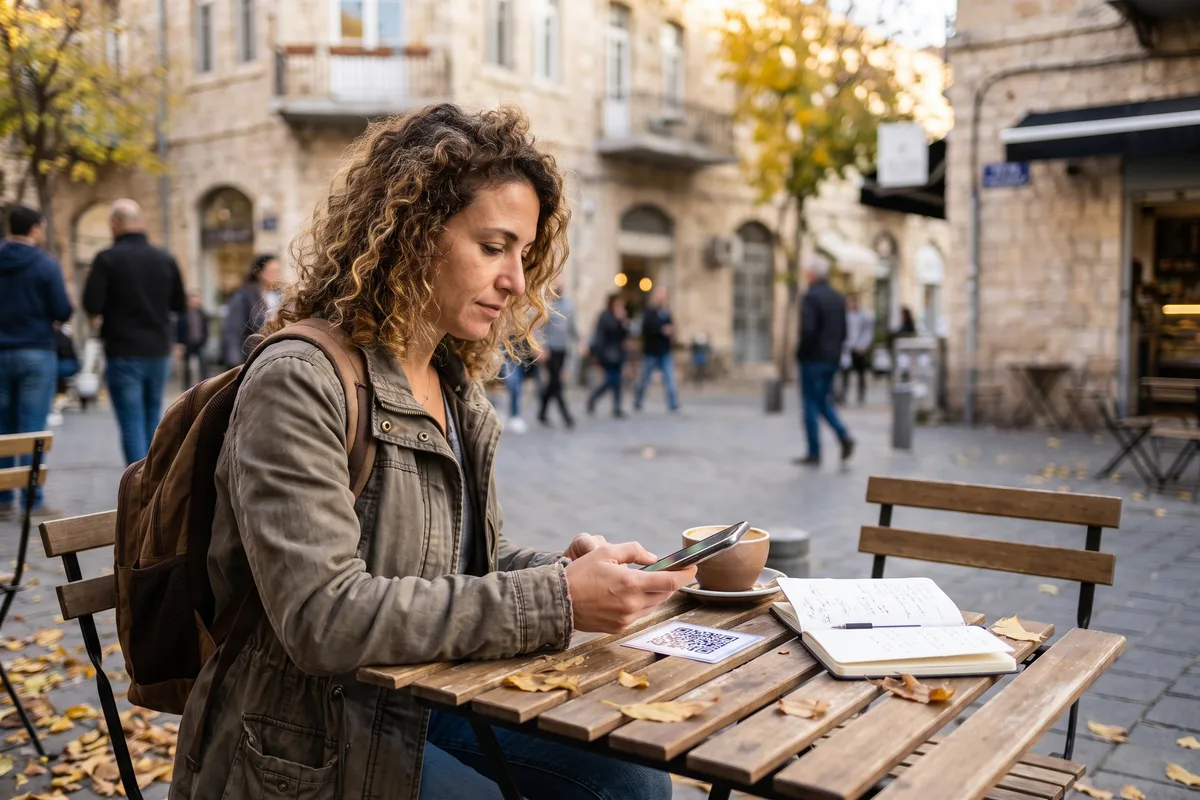 Traveler scanning an eSIM QR code with her phone at an autumn cafe terrace in Israel