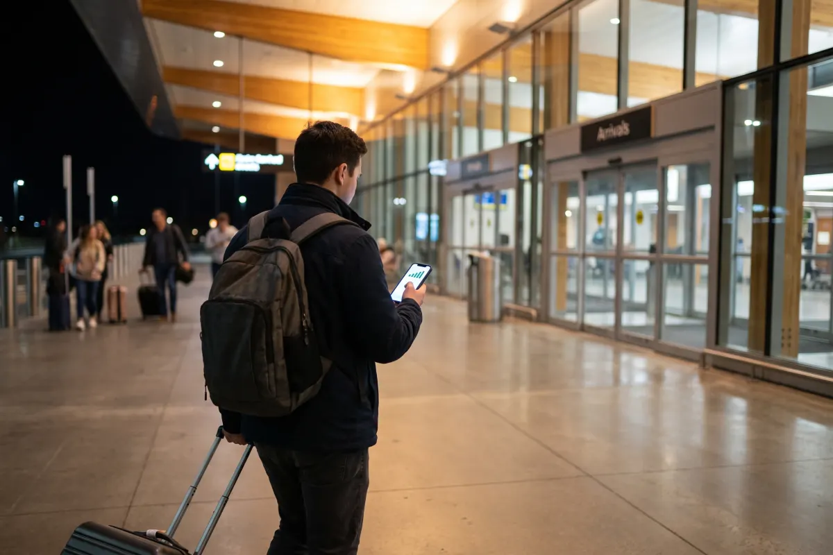 Traveler leaving an Israeli airport arrivals hall at night, checking his phone