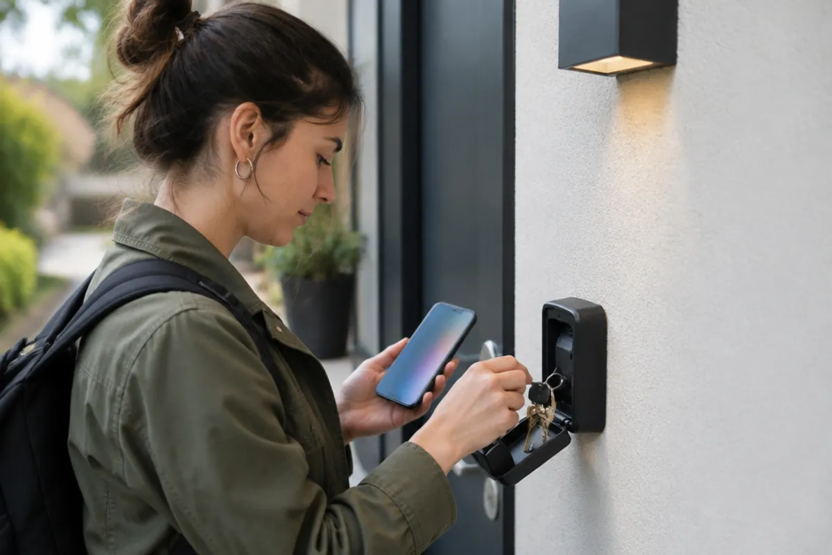 A traveler retrieving keys from a lockbox at the entrance of a holiday apartment, reading a code on a phone