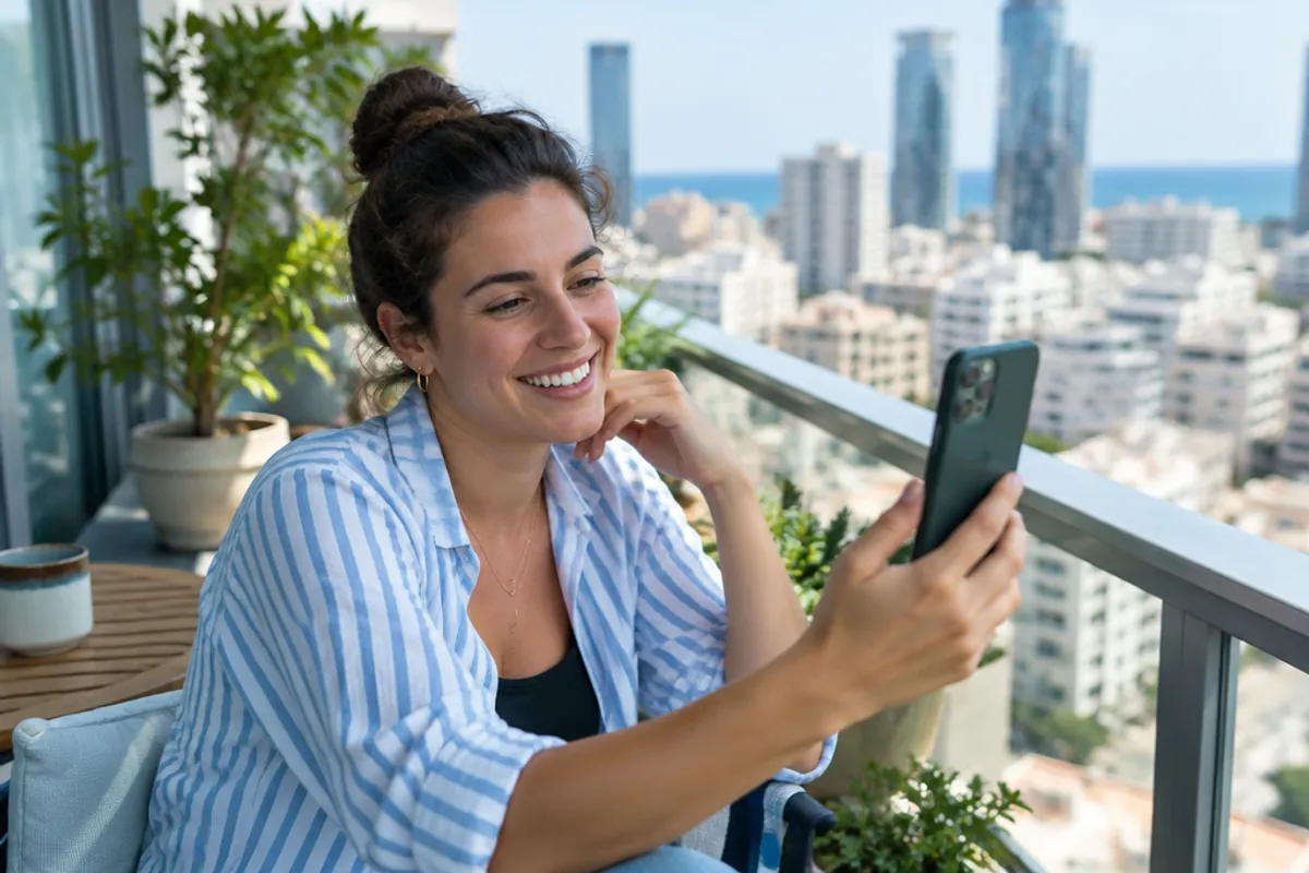 Femme en appel vidéo avec sa famille à l'étranger depuis un balcon
