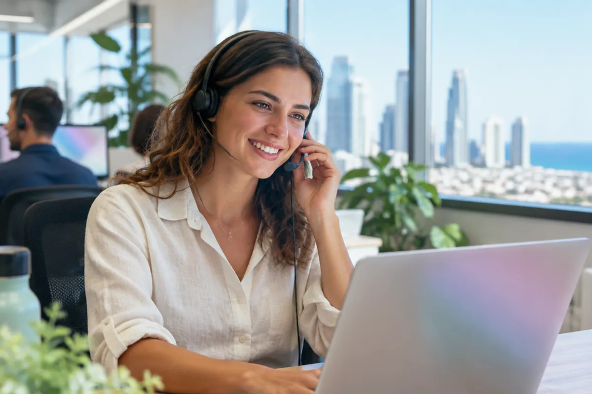 Friendly customer support agent with a headset helping a caller