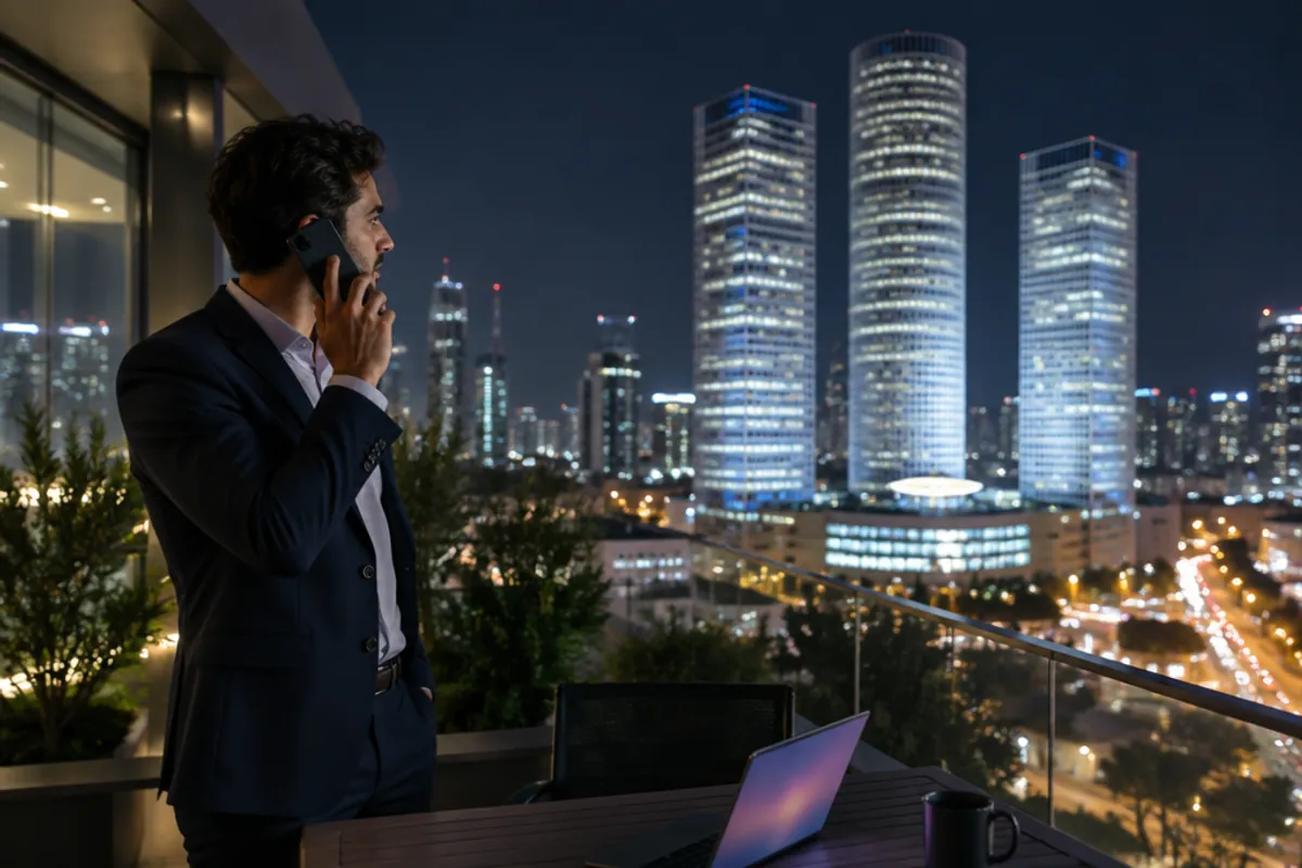 Professional on a phone call with the Azrieli towers lit up at night