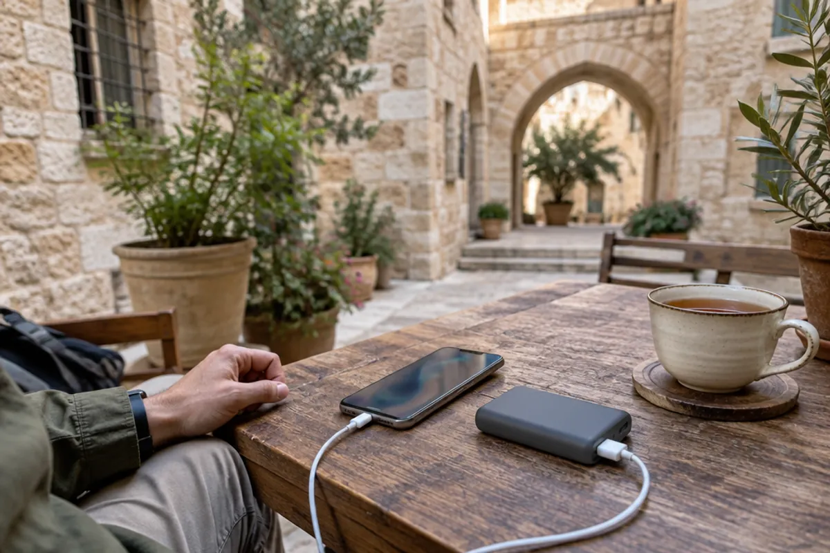 Smartphone en charge sur une batterie externe à la terrasse d'un café de Jérusalem