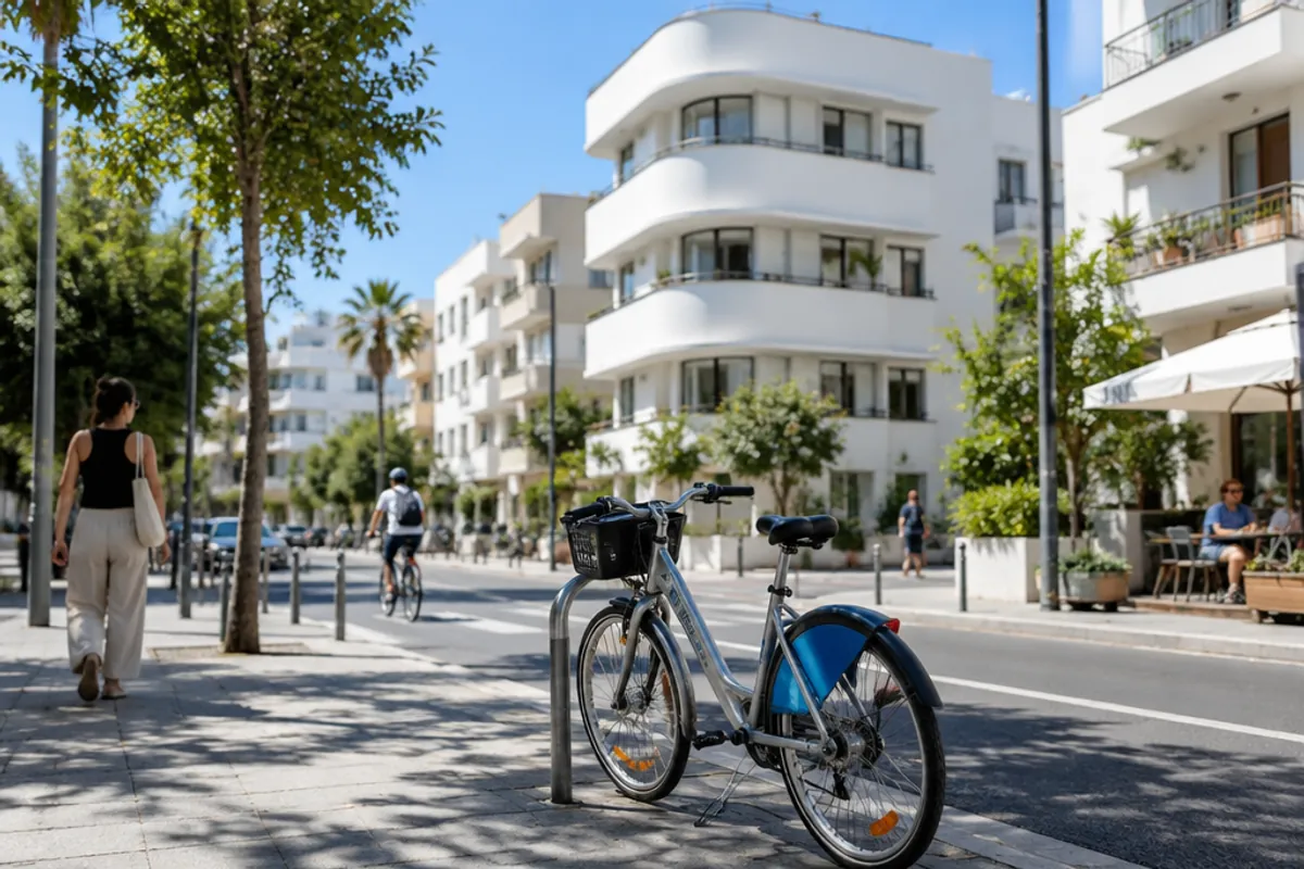 Bauhaus buildings of Tel Aviv's White City with a shared bike