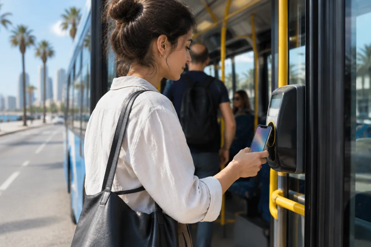 Passagère montant dans un bus de Tel Aviv avec son smartphone