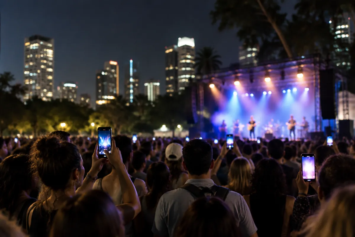 Concert en plein air dans un parc de Tel-Aviv, smartphones levés
