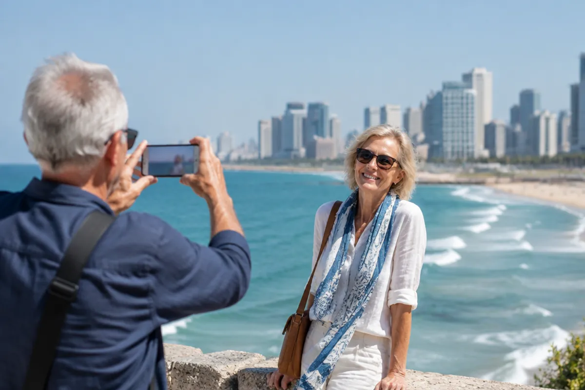 A retired couple sightseeing in Tel Aviv, the husband photographing his wife with a smartphone