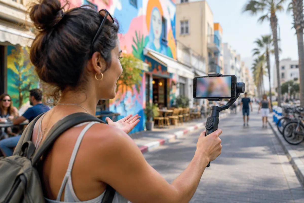 A content creator filming a video with a smartphone on a gimbal in a colourful Tel Aviv street