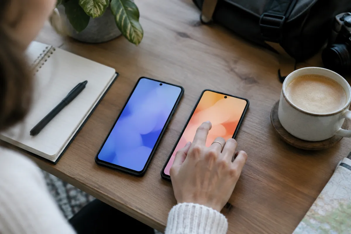 Two smartphones side by side on a desk, a hand switching between them, notebook and coffee