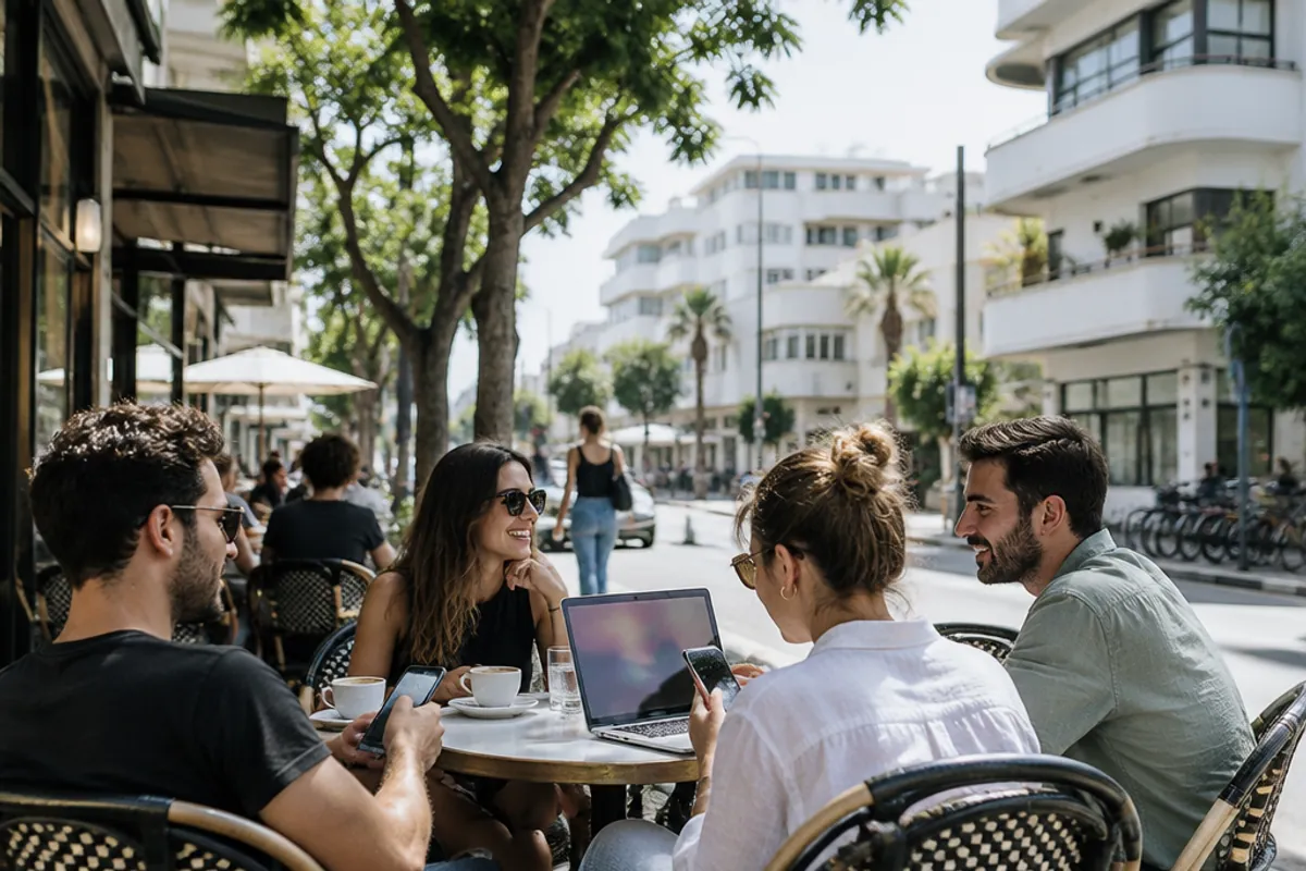 A café terrace on Dizengoff Street in Tel Aviv with Bauhaus buildings, friends chatting over coffee and phones