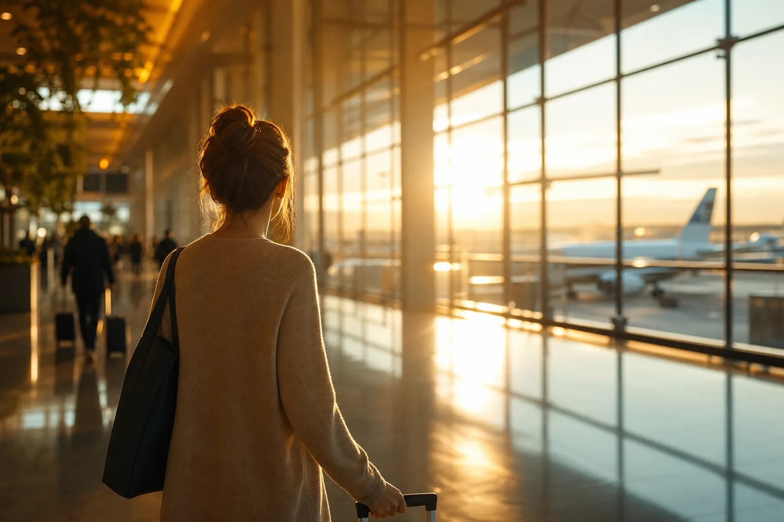 Traveler arriving at an Israeli airport terminal at sunrise