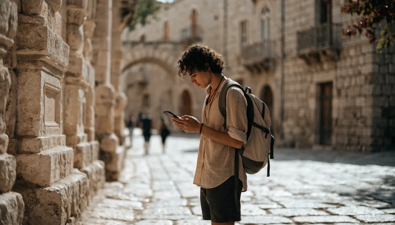 A young backpacker checking a smartphone in a sunlit old-city street in Israel