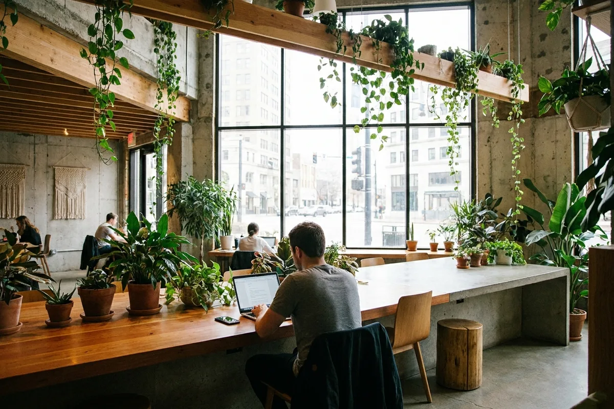 Espace de coworking lumineux, une personne travaille sur son ordinateur près d'une fenêtre