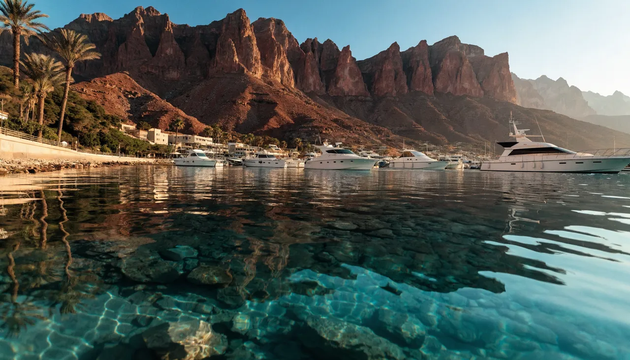 Eilat marina on the Red Sea with red mountains at sunset