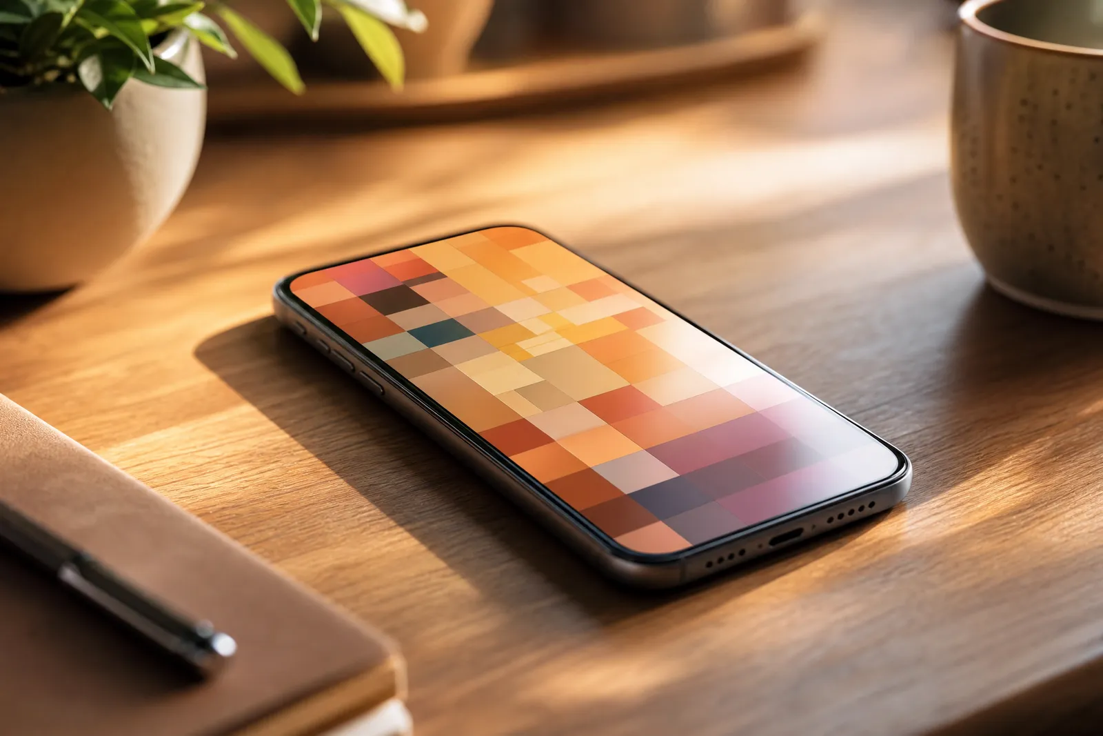 Smartphone on a desk showing an abstract activation code