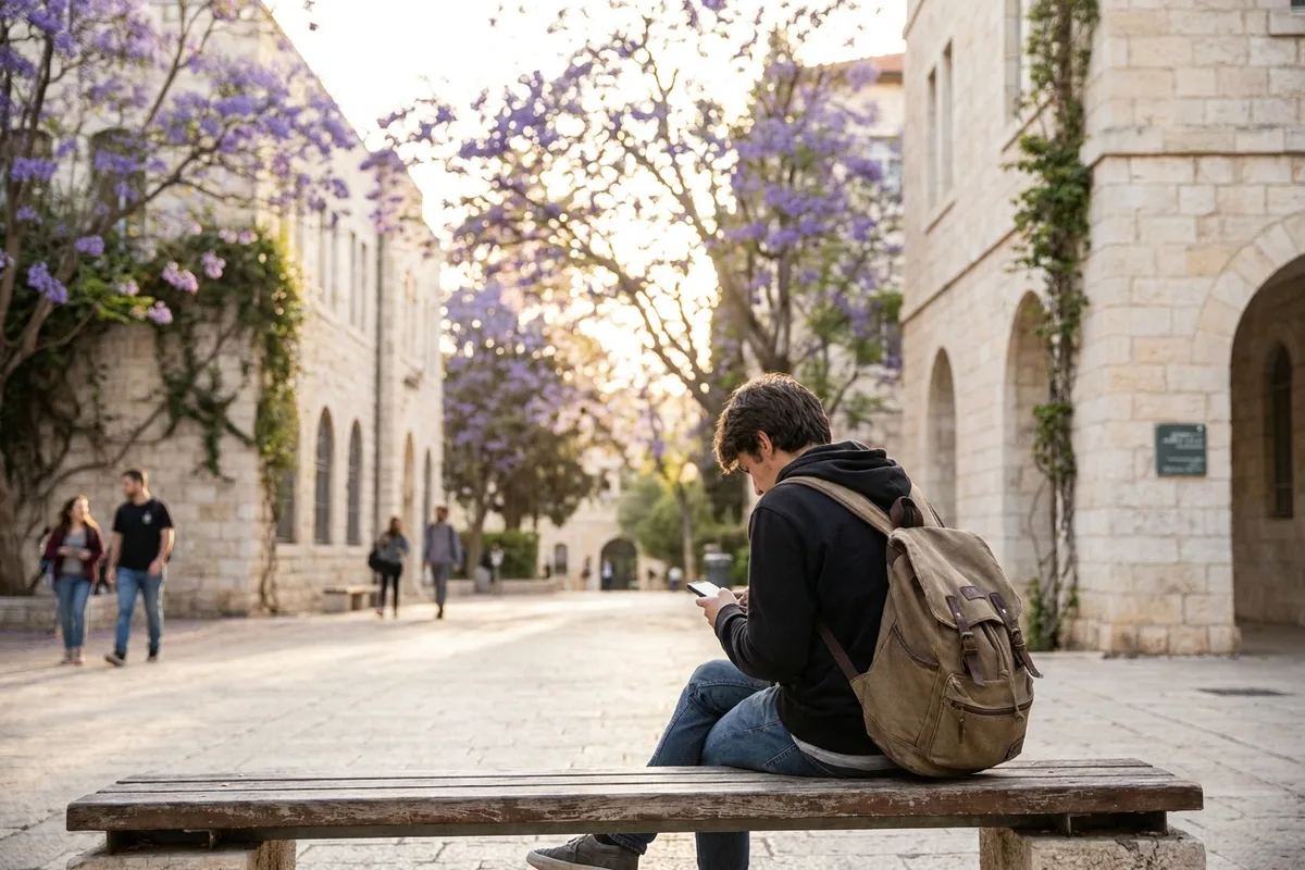 Student with a backpack and phone on a sunlit university campus