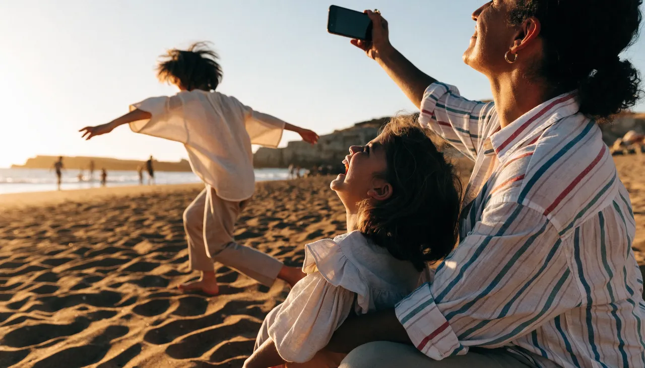 A joyful family on an Israeli beach at sunset, staying connected with a smartphone
