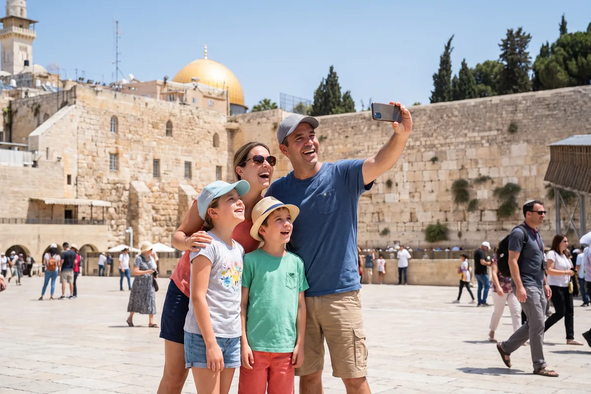 Famille prenant un selfie devant un site touristique en Israël