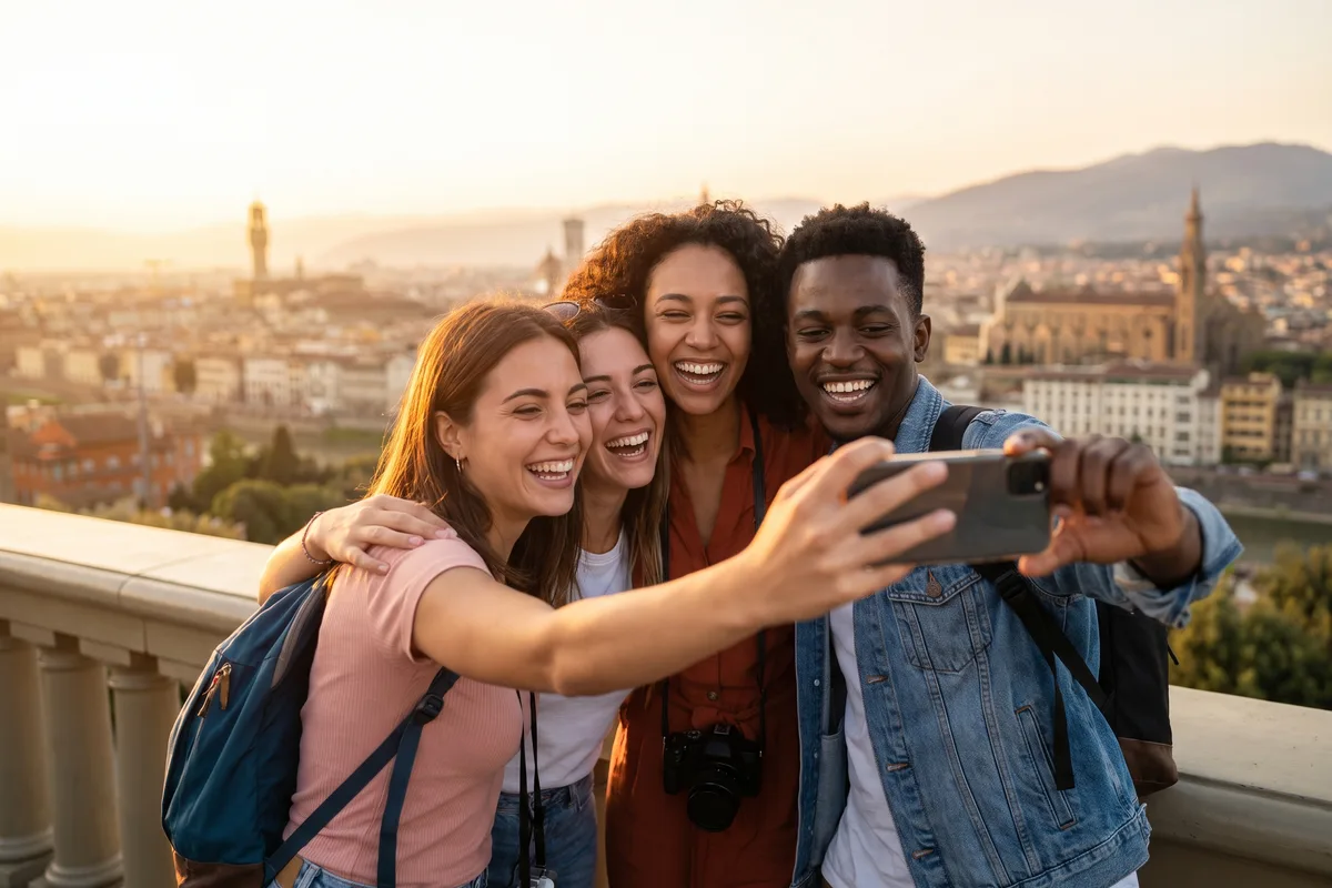 Group of friends taking a selfie at a viewpoint