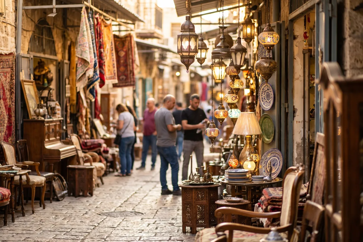 Old Jaffa flea market alley with vintage lamps