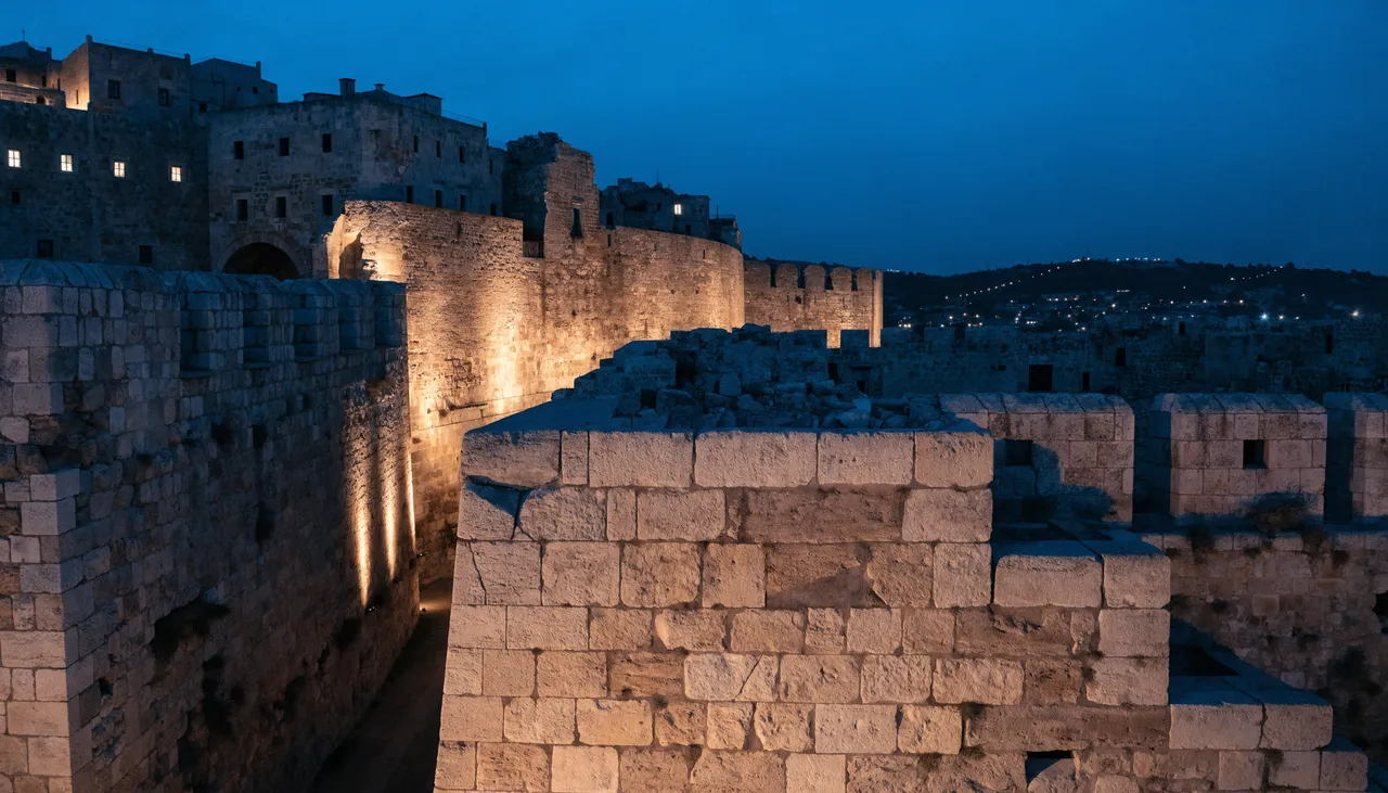 The illuminated ancient walls of Jerusalem's Old City at night