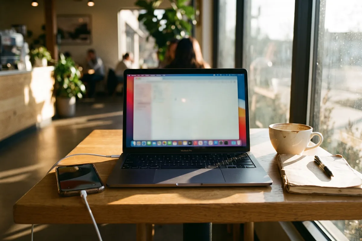 Laptop and smartphone on a cafe table for remote work