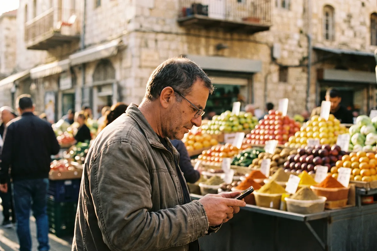 Man checking his smartphone at a Jerusalem market