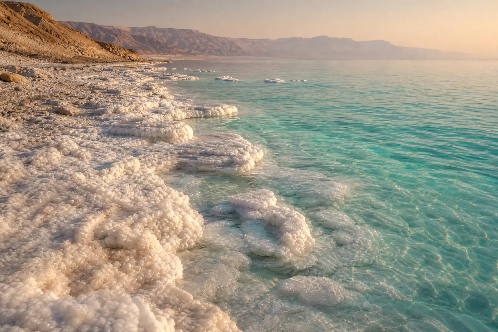 The Dead Sea shoreline with white salt formations
