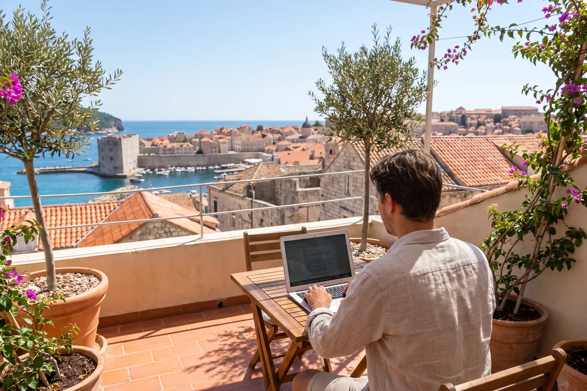 Digital nomad working on a rooftop terrace overlooking the city