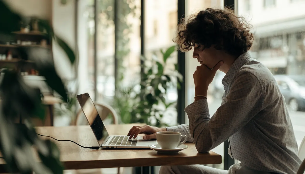 A digital nomad working on a laptop in a bright Tel Aviv café