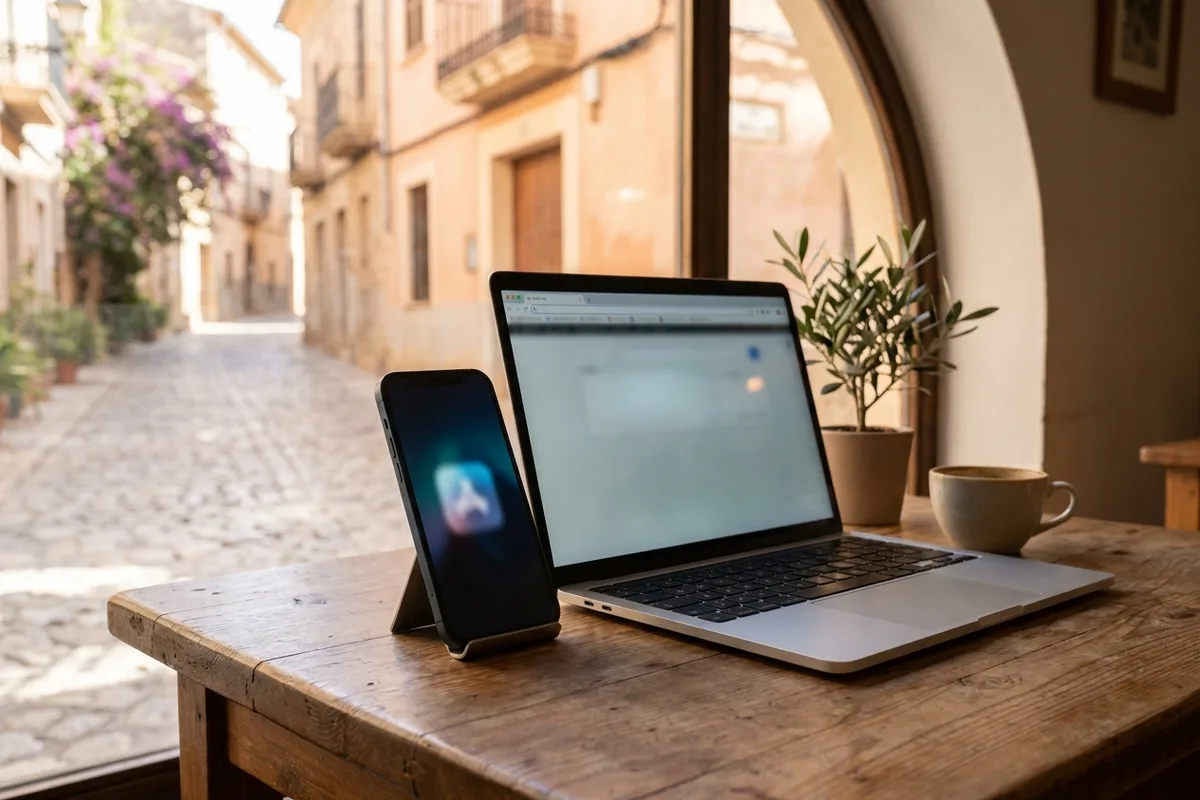 Smartphone used as a personal hotspot next to an open laptop at a cafe