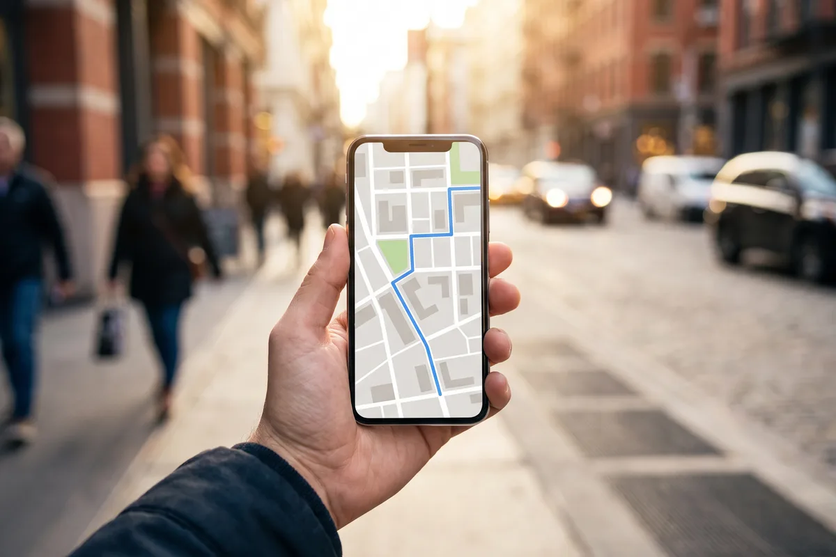 Smartphone showing GPS navigation in a city street
