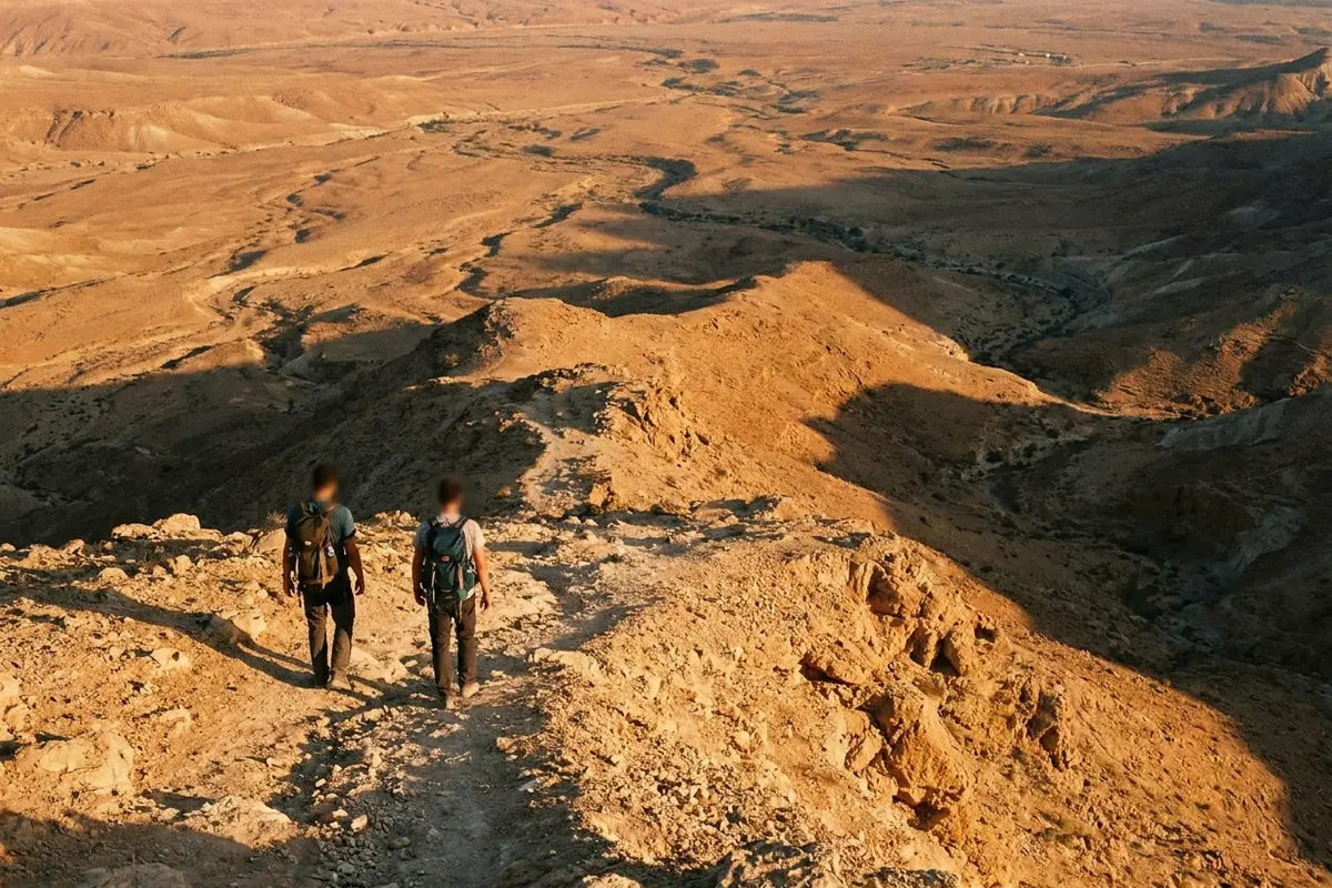 Two hikers on a desert trail in the Judean hills at golden hour
