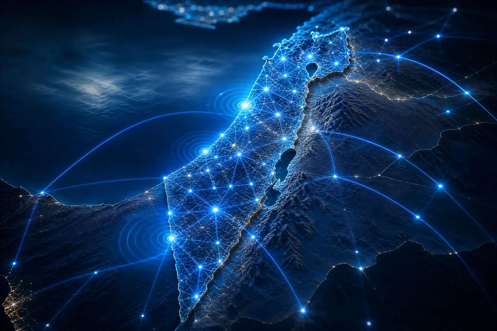 Glowing 5G network connections over a map of Israel
