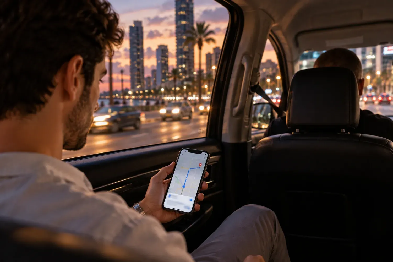 Passenger in a Tel Aviv taxi at dusk using a ride app