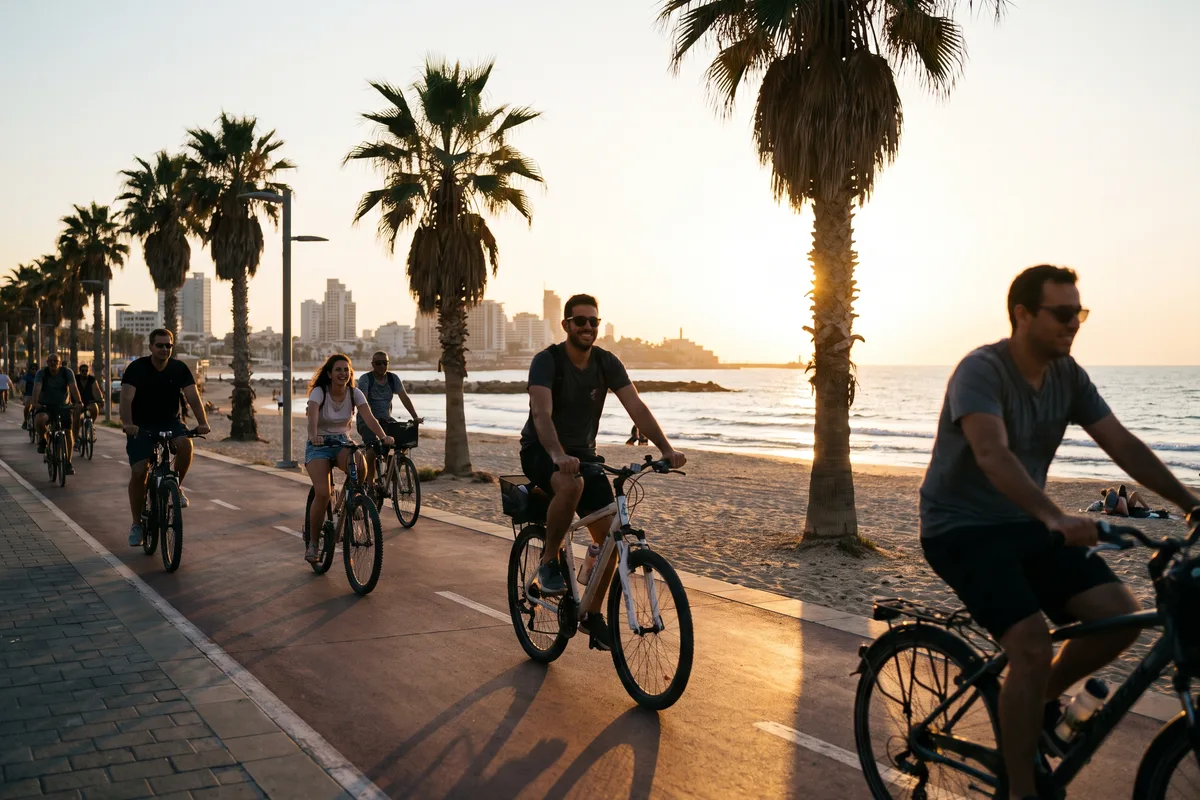 Cyclists on the Tel Aviv seaside promenade at sunset