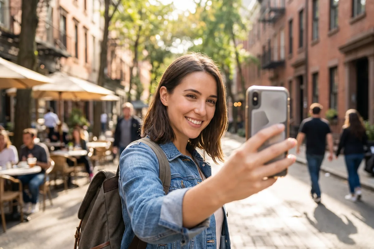 Young woman on a video call outdoors
