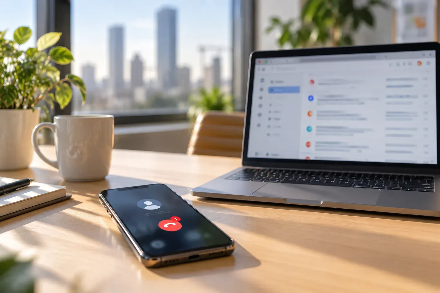 Desk with a missed call on a phone and an inbox open on a laptop