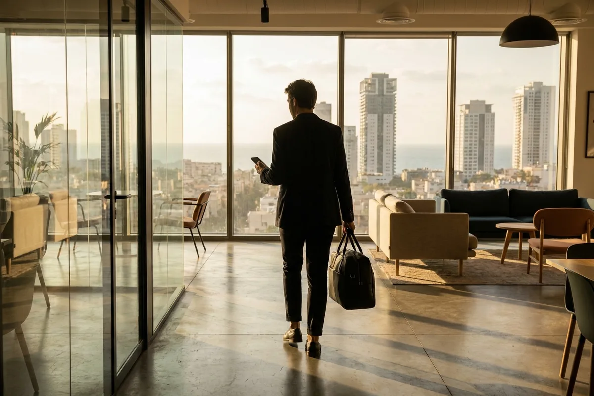 Business traveler crossing a modern Tel Aviv office lobby
