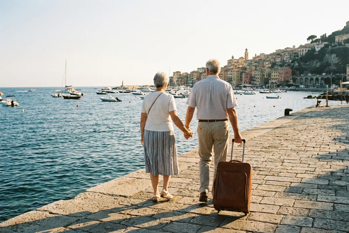 An older couple walking a seaside promenade with a suitcase