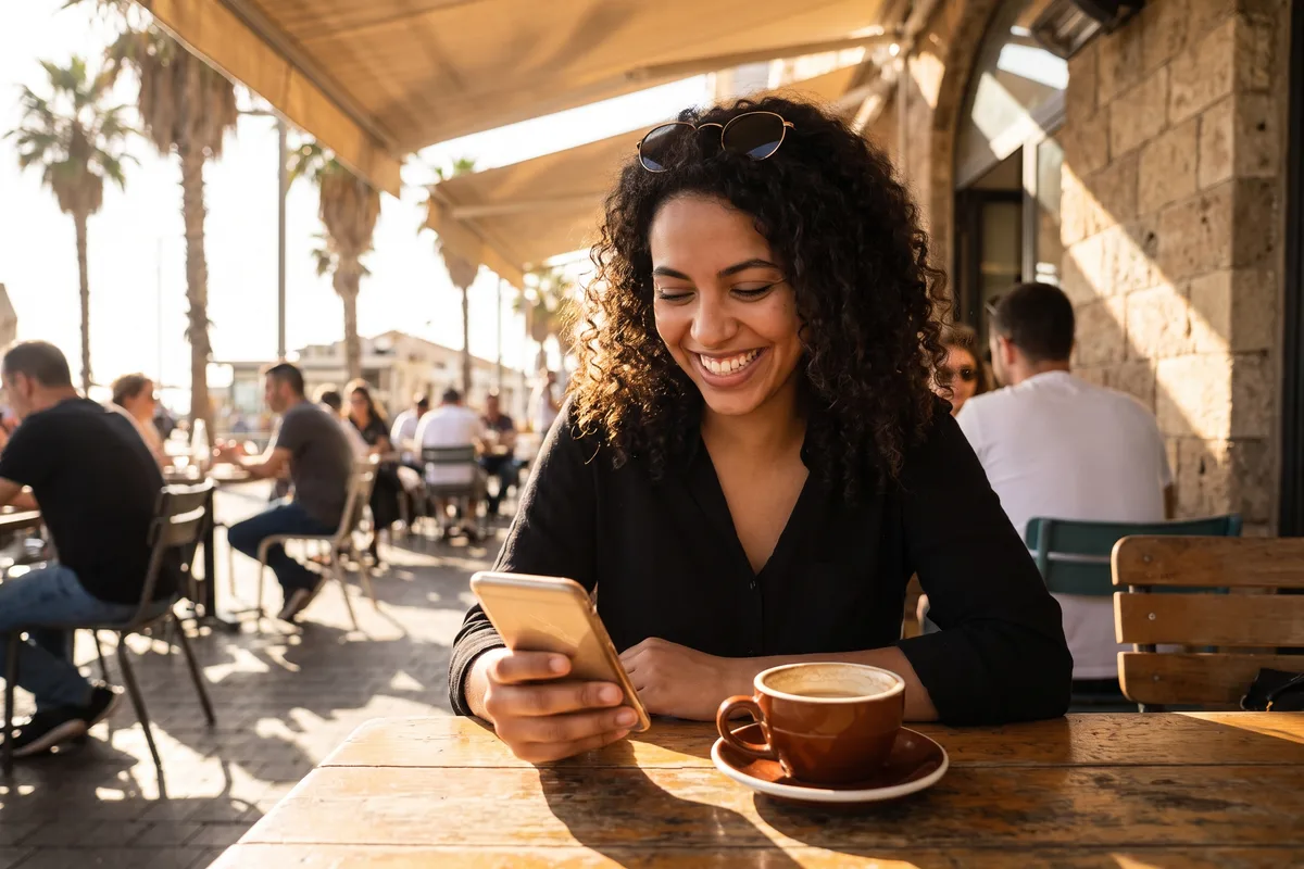 Young woman using her smartphone at a Tel Aviv cafe terrace