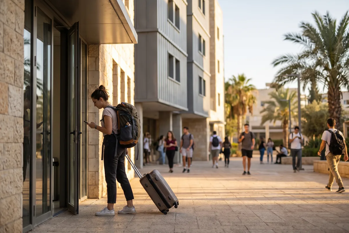 Étudiante internationale arrivant avec ses bagages dans une résidence étudiante en Israël