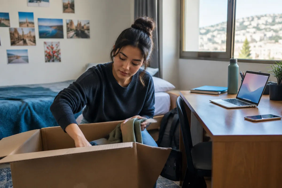 An international student in a dorm room in Israel unpacking, laptop and phone on the desk