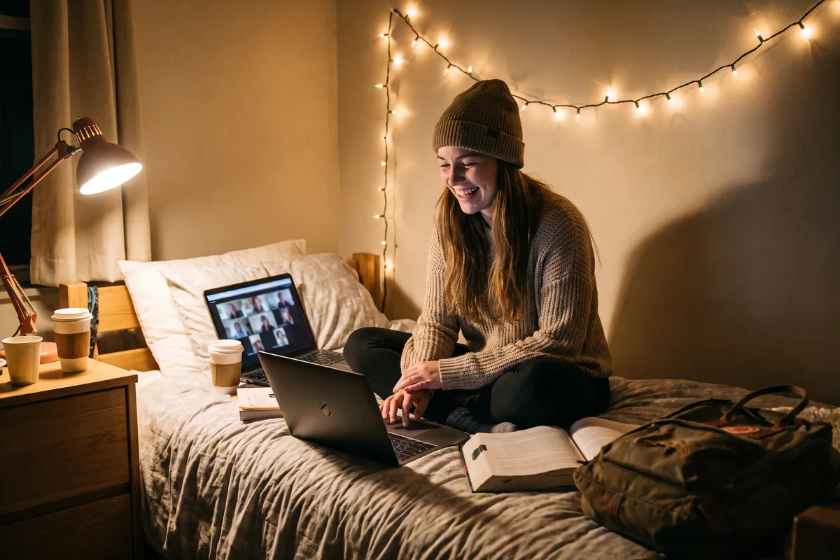 Student video-calling her family from a dorm room in the evening