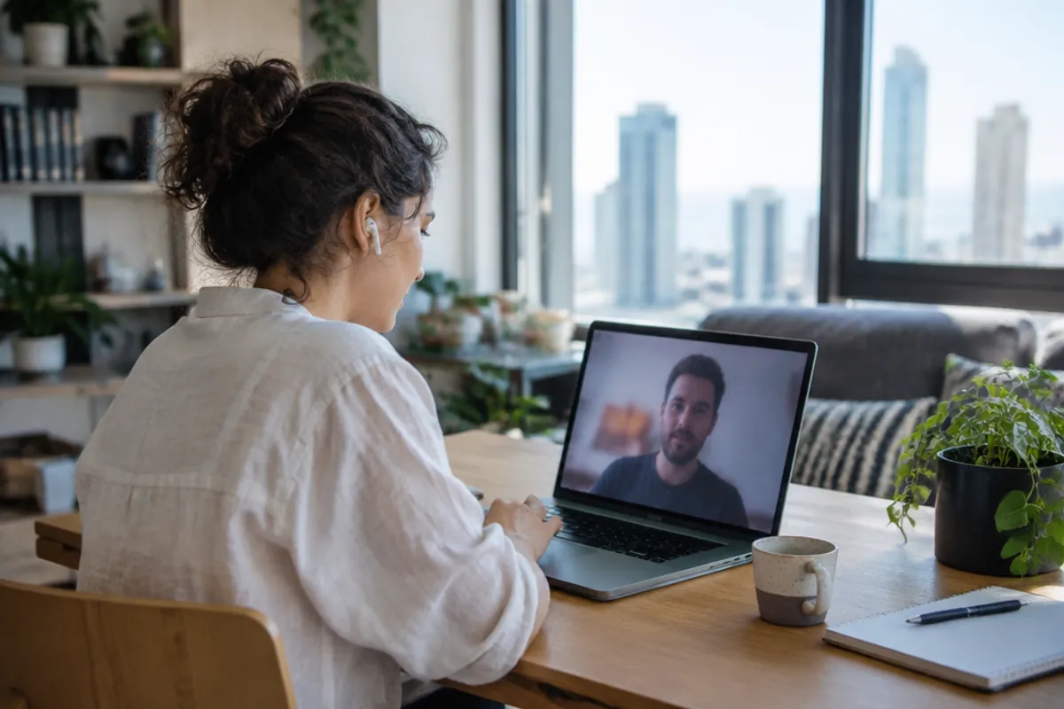 An expat working from a home office in an Israeli apartment with a video call on a laptop