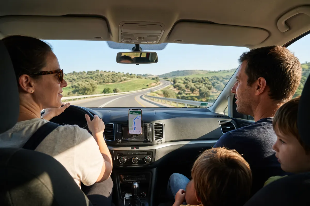 Family road trip in Israel with a phone navigation on the dashboard
