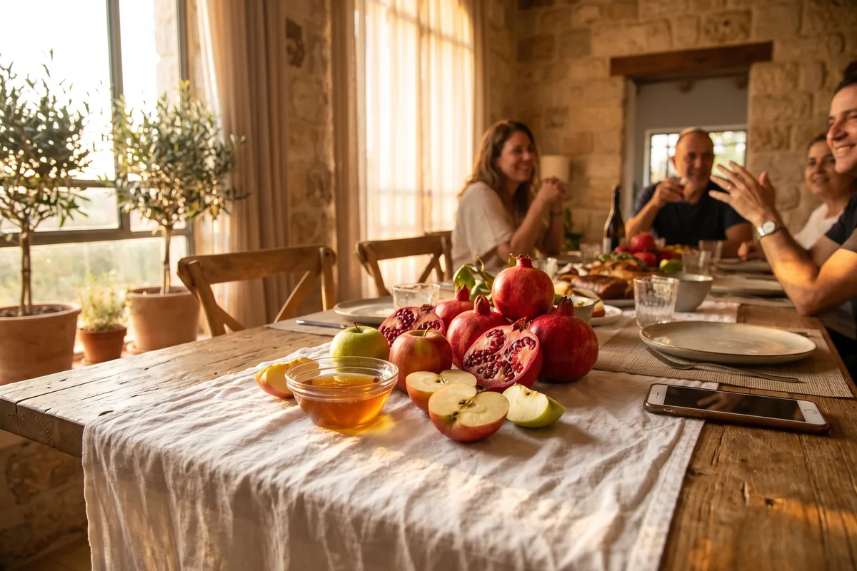 Festive autumn holiday table in Israel with pomegranates, apples and honey