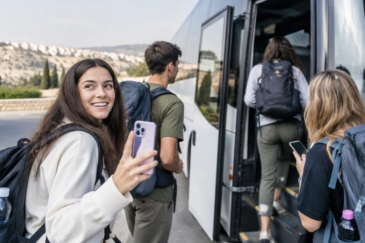 A group of young travelers with backpacks boarding a tour bus in Israel, excited, phones out