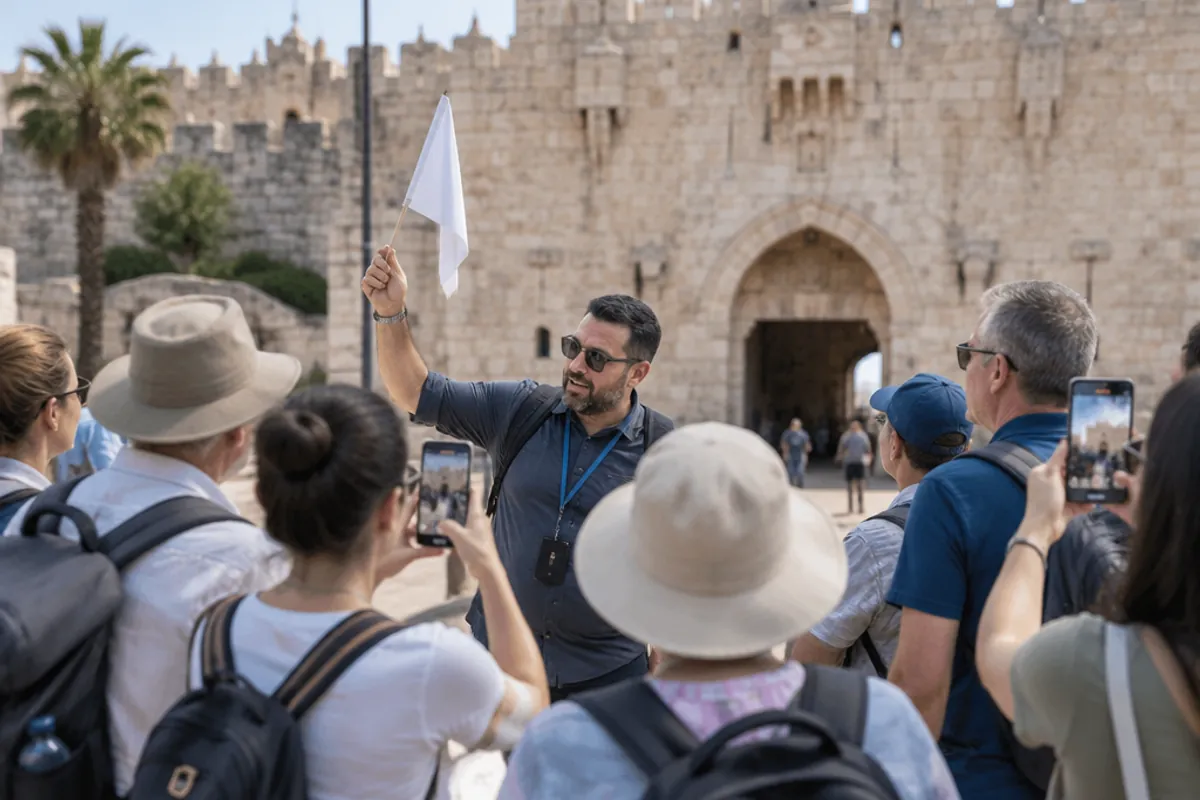 Tour group listening to a guide near Jaffa Gate in Jerusalem